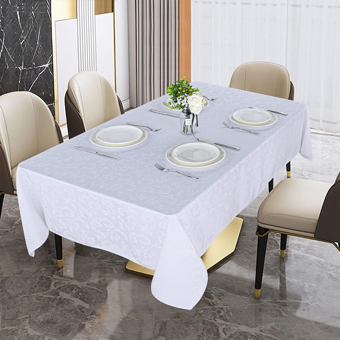 210GSM Solid Flower Jacquard Table Cloth - Heavy Duty Waterproof Wrinkle Free Microfiber Tablecloth, Decorative Fabric Table Cover for Outdoor and Indoor Use (White, Rectangle 52 X 70 Inch)