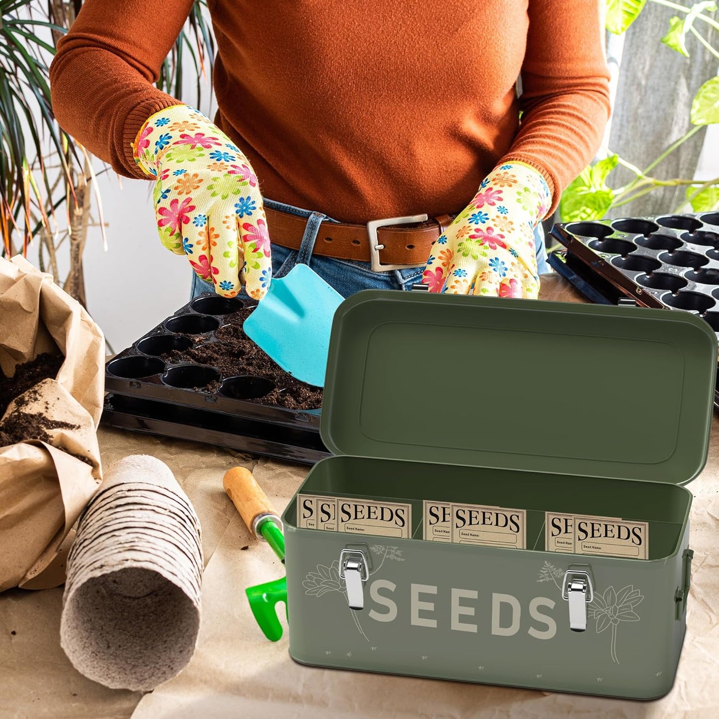 Metal Seed Storage Organizer with Lid, Includes 30 Plant Labels, 30 Seed Envelopes, and Marker Pen, Four-Compartment Design with Safety Locks, Blackish Green