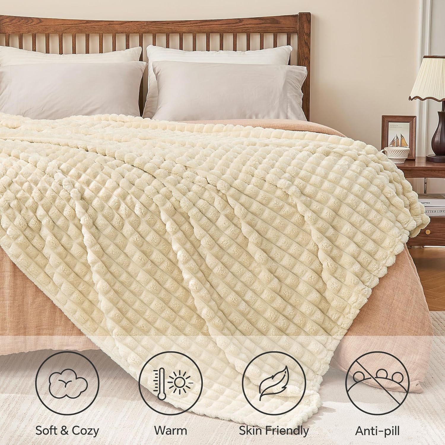 Beige Throw Blanket for Couch and Bed- Super Soft and Warm 3D Checkered Fluffy Fuzzy Fleece Blanket, Luxurious Plush Cozy Blanket for Room Decor Spring, 50X60 Inches