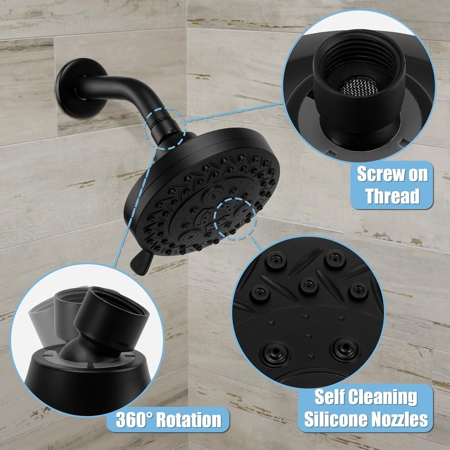 8 Spray Modes Shower Head, 5 Inch High Pressure Shower Heads with 62 Anti-Clogging Nozzles and Adjustable Brass Ball Joint, Replacement for Bathroom Showerhead, Matte Black