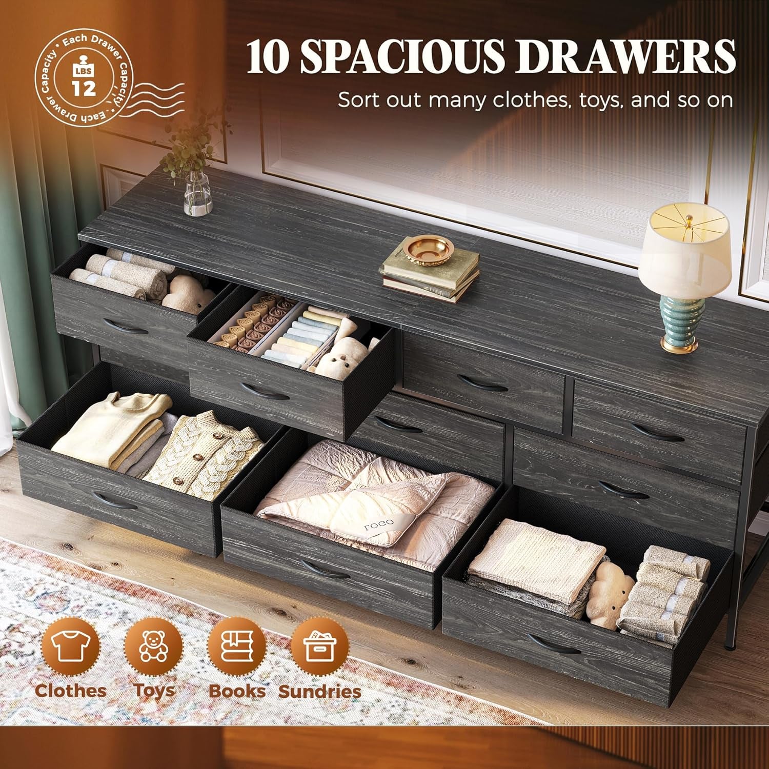 63-Inch Charcoal Black Wood Grain Dresser with 10 Fabric Drawers - Versatile Storage Solution for Bedroom and Living Room, Accommodates 55 to 70 Inch TVs