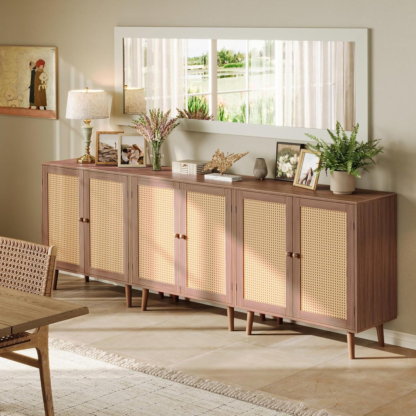 Walnut Buffet Cabinet with Synthetic Rattan Door Accents and Solid Wood Legs for Hallway, Entryway, and Living Room Storage