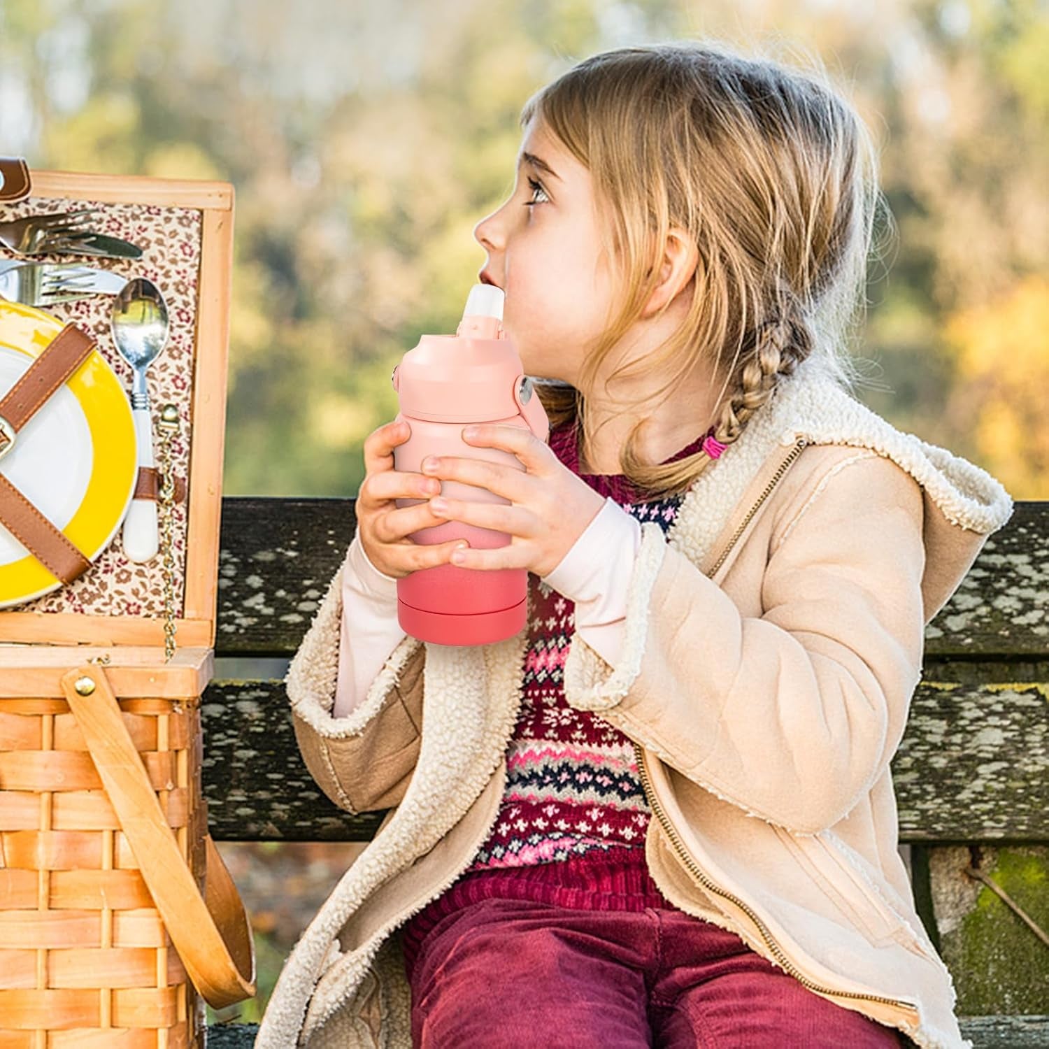 12 Oz Water Bottle, 2 Pack Kids Water Bottles for School, Toddler Water Bottle with Straw & Handle, 304 Stainless Steel Insulated Water Bottle, BPA Free, Gradient Blue+Gradient Red