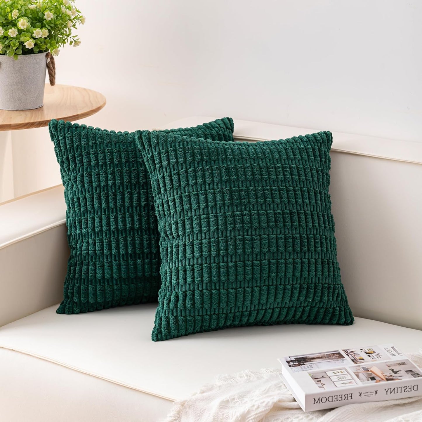 Pack of 2 Corduroy Decorative Throw Pillow Covers 18X18 Inchsoft Boho Striped Pillow Covers Modern Farmhouse Home Decor for Sofa Living Room Couch Bed(Blackish Green)