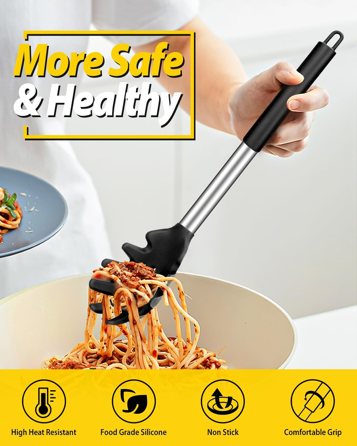 Silicone Pasta Fork and Cooking Spoon Set, Non Stick Kitchen Utensils for Cooking,Stirring,Serving Spaghetti, Soup, Sauce (BLACK)