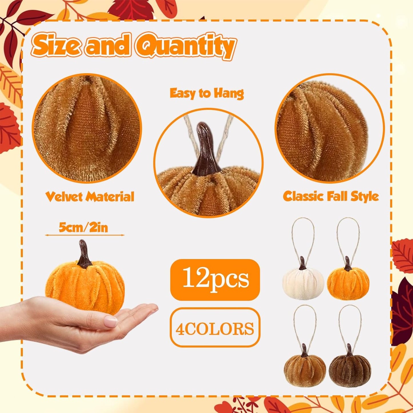 12 Pcs Velvet Pumpkins Fall Thanksgiving Pumpkins Hanging Ornaments Fall Tree Decorations Orange White Brown Velvet Wrapped Pumpkin Ball Decor with Hemp Rope for Thanksgiving Party Tree Farmhouse Home