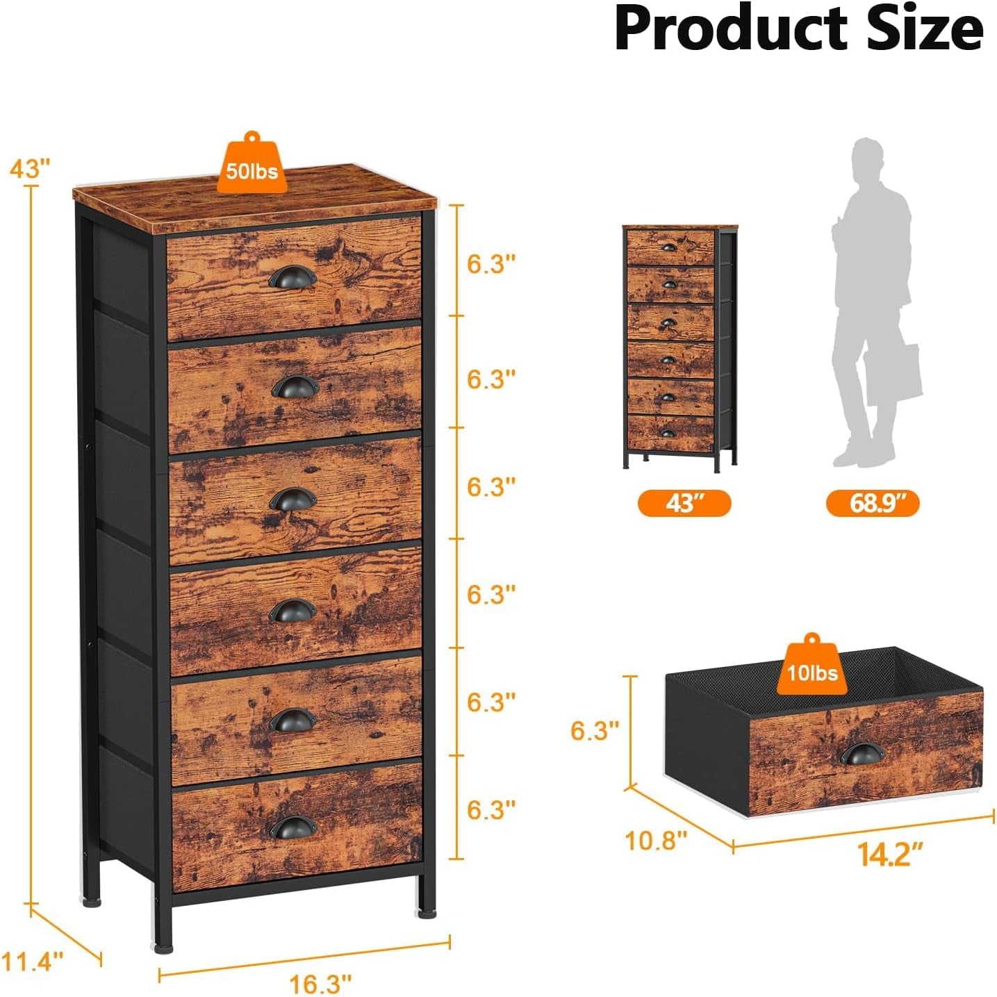 Industrial-Style Tall Dresser with 6 Drawers, Vertical End Table, and Nightstand for Bedroom, Featuring Fabric Storage Drawer Organizer for Living Room, Closet, and Entryway (Rustic Brown)