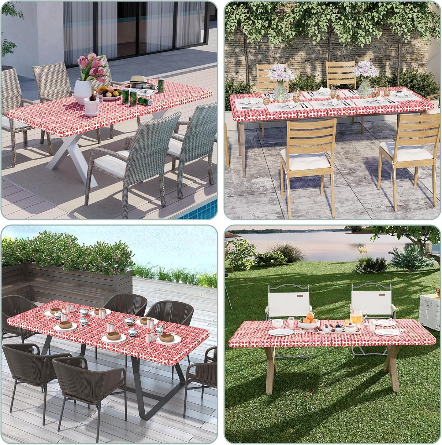 2 Pack 6 Foot Rectangle Picnic Tablecloth, Elastic Fitted Waterproof Table Cover, Windproof Washable Polyester Table Cloth for Camping, Indoor and Outdoor (Red, 30" X 72")
