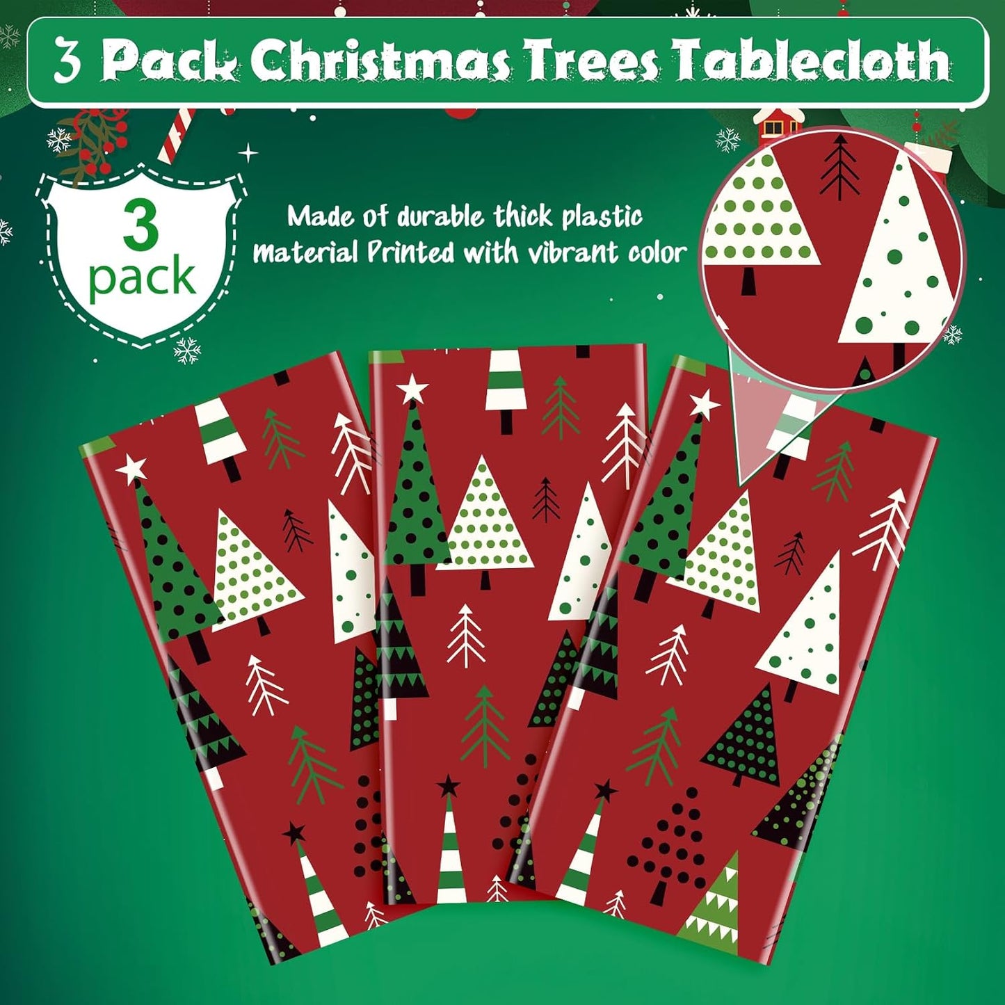3 Pack Christmas Tree Table Cloth for Rectangle Table, Red Green Xmas Disposable Plastic Table Cover Waterproof Christmas Table Decorations for Winter Holiday New Year Party Supplies, 54X108 Inch