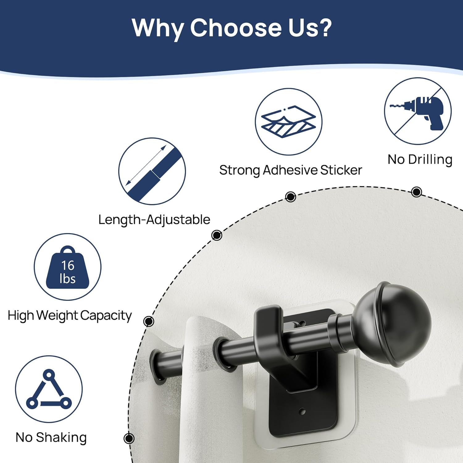 2 Pack No Drill Curtain Rods for Window 28 to 48 Inches, 5/8 Inch Diameter Renter Friendly Drapery Rod with Adhesive Brackets without Drilling, Adjustable from 27 to 52 Inches, Black