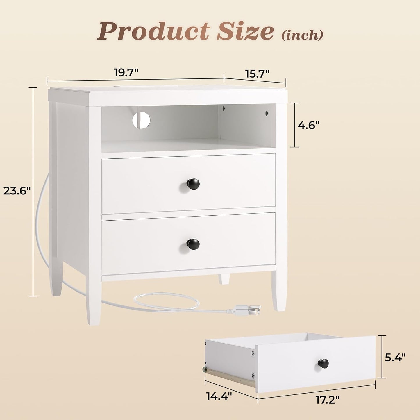 Set of 2 White Nightstands with Charging Station, Modern Bedside Tables featuring 2 Drawers and Metal Knobs, Ideal for Bedroom Use