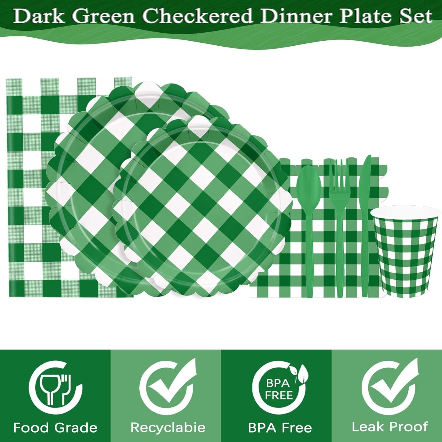 176 PCS Green Gingham Plates and Napkins, Green and White Checkered Disposable Plates Set with Napkins Cups Plastic Spoons Forks Knives for Dinner Birthday Picnic Golf Graduation Party Decorations