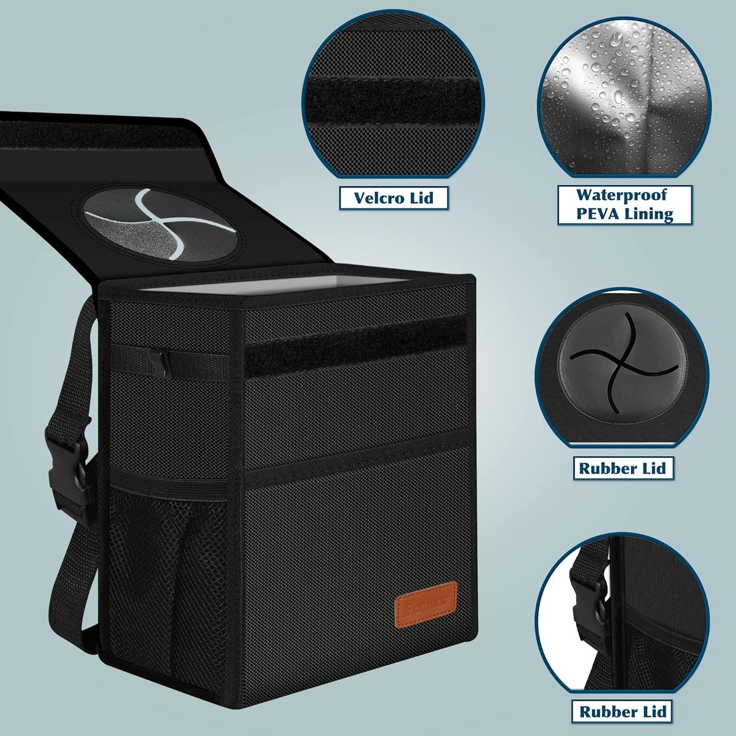 Leak Proof Car Trash Can with Lid - Waterproof Automotive Garbage Bin for Suvs, Collapsible and Portable Car Trash Bag, Black
