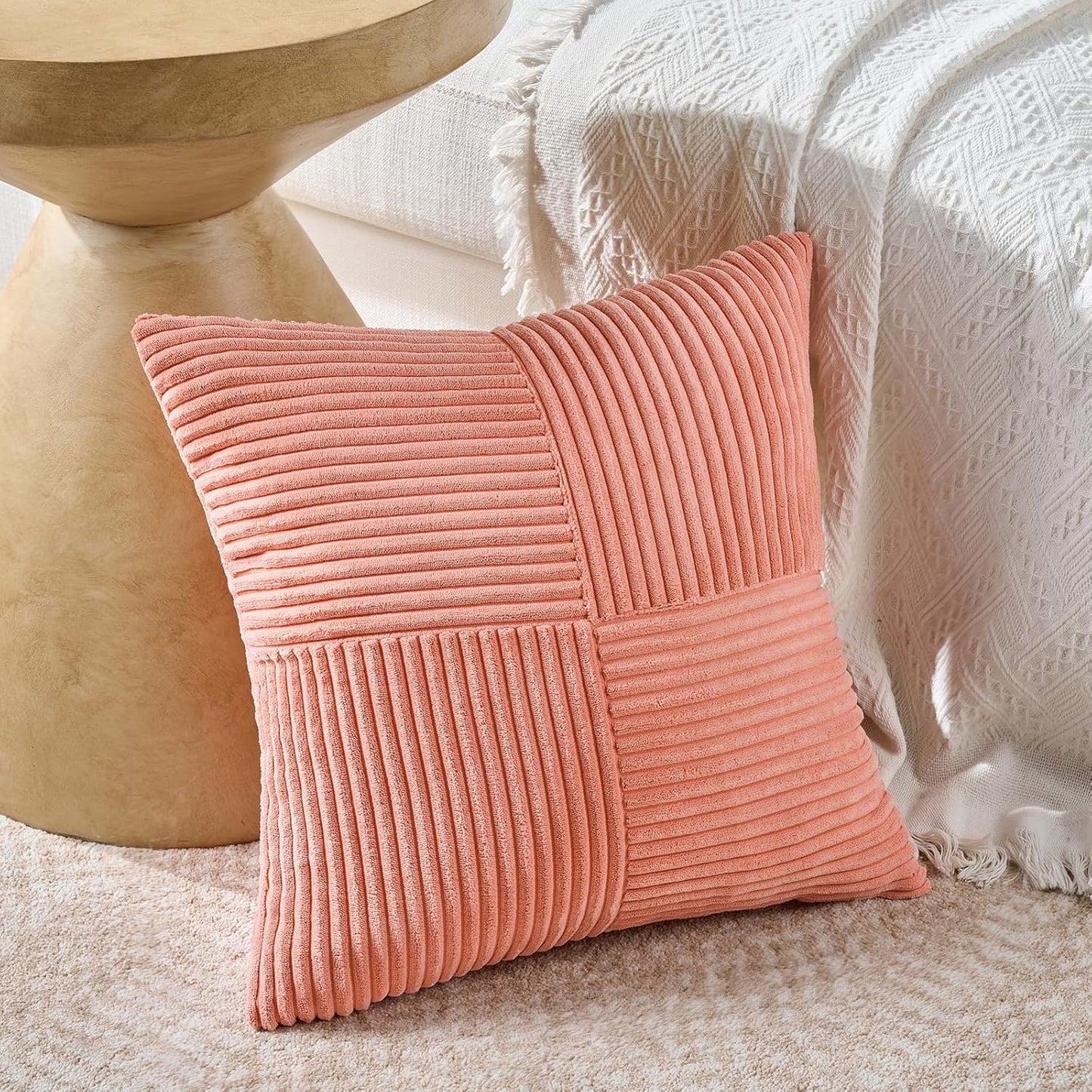 4 Packs Coral Decorative Throw Pillow Covers 18X18 Inch for Living Room Couch Bed, Rustic Farmhouse Boho Home Decor, Soft Cross Corduroy Patchwork Textured Peach Cushion Case 45X45 Cm