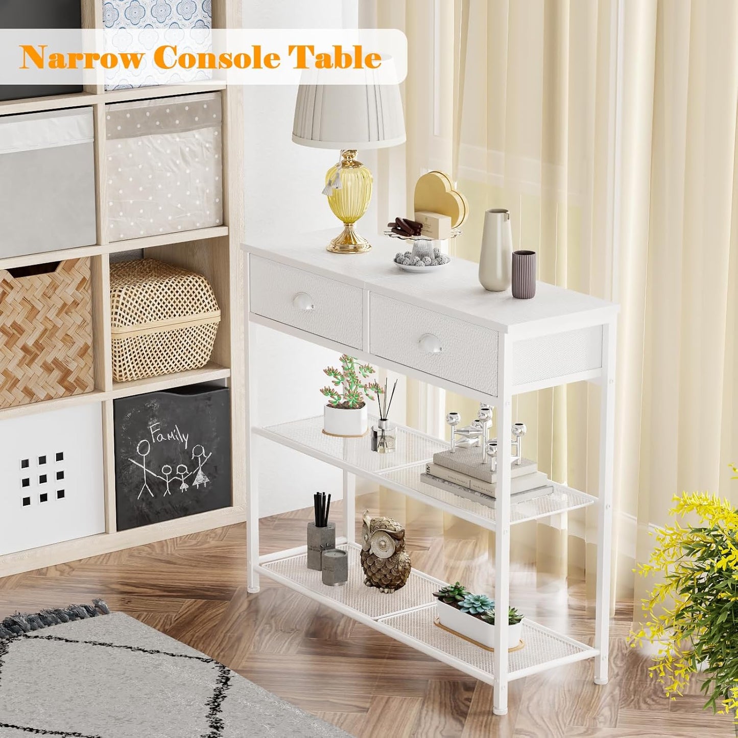 30'' Entryway Table, White Console Table with Storage, Narrow Sofa Table with 2 Drawers and 2 Shelves for Hallway, Living Room, Bedroom, Foyer, Couch, Tv