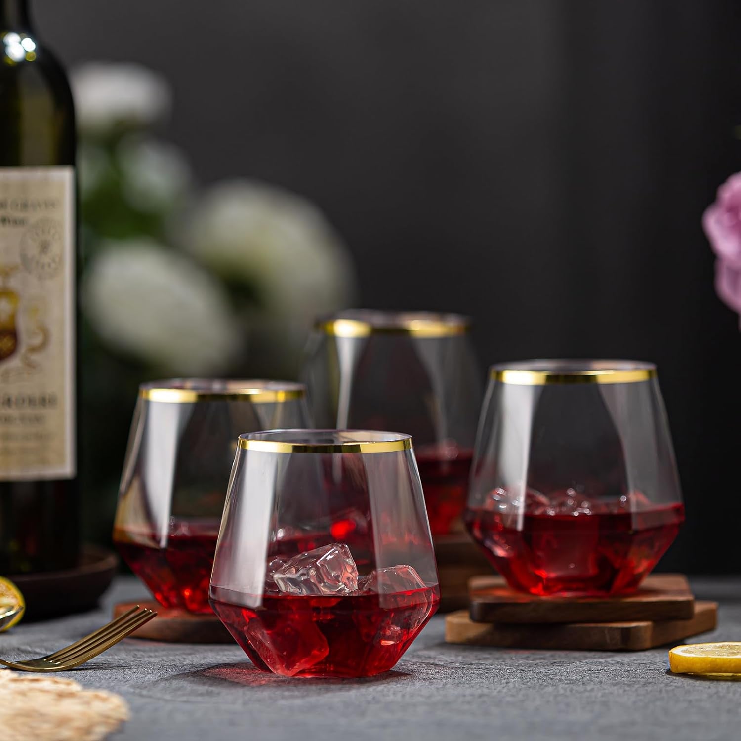 40 Pack Diamond Plastic Wine Glasses,Unbreakable Stemless Whiskey Cocktail Wine Champagne Glasses,12 Ounce Durable Disposable Cups Gold Rim for Parties, Weddings, Birthdays