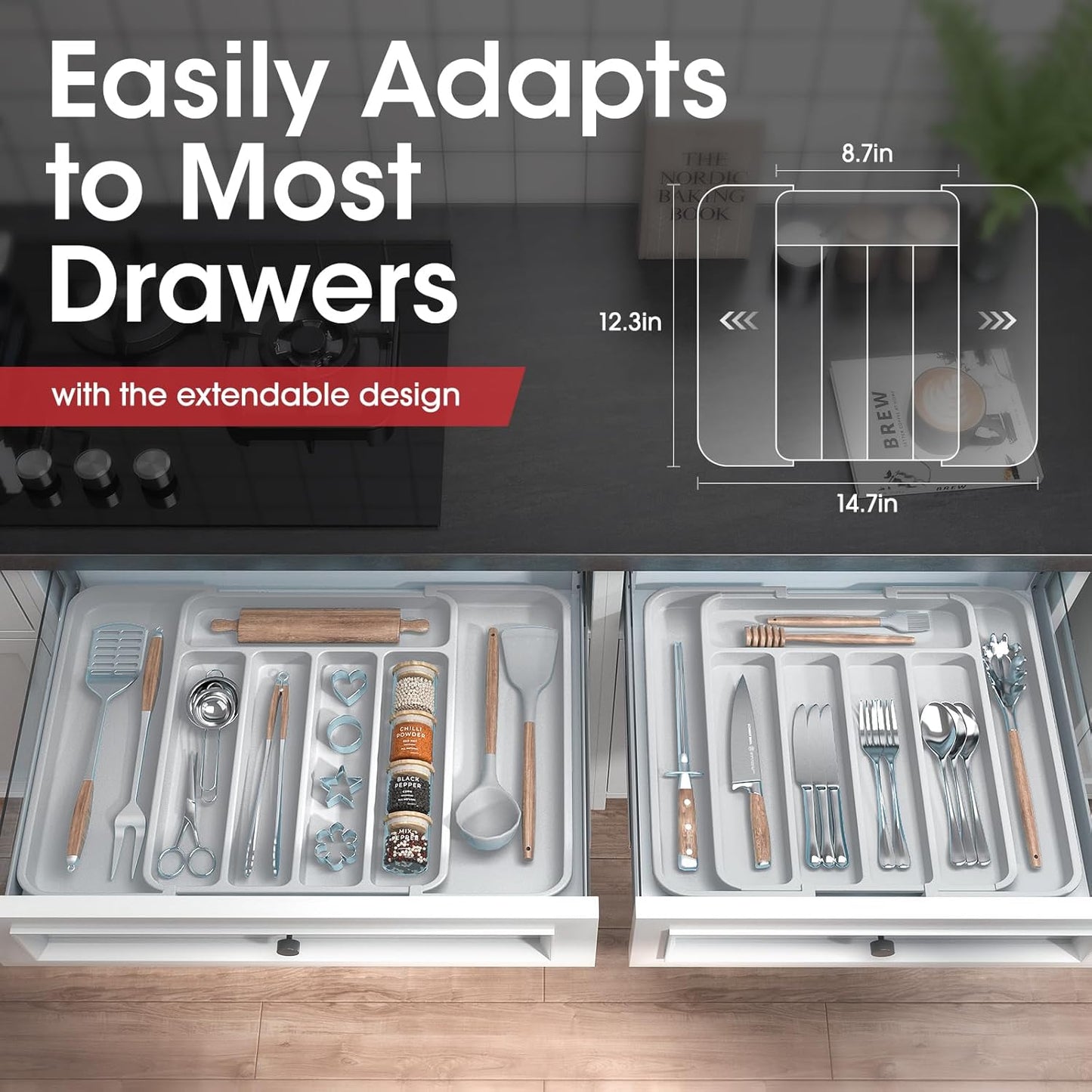 Silverware Organizer - Expandable Kitchen Drawer Organizer, Adjustable Utensil Organizer, Cutlery Tray for Forks, Knives, Multipurpose Kitchen Organizers and Storage Solution, Light Grey, Medium