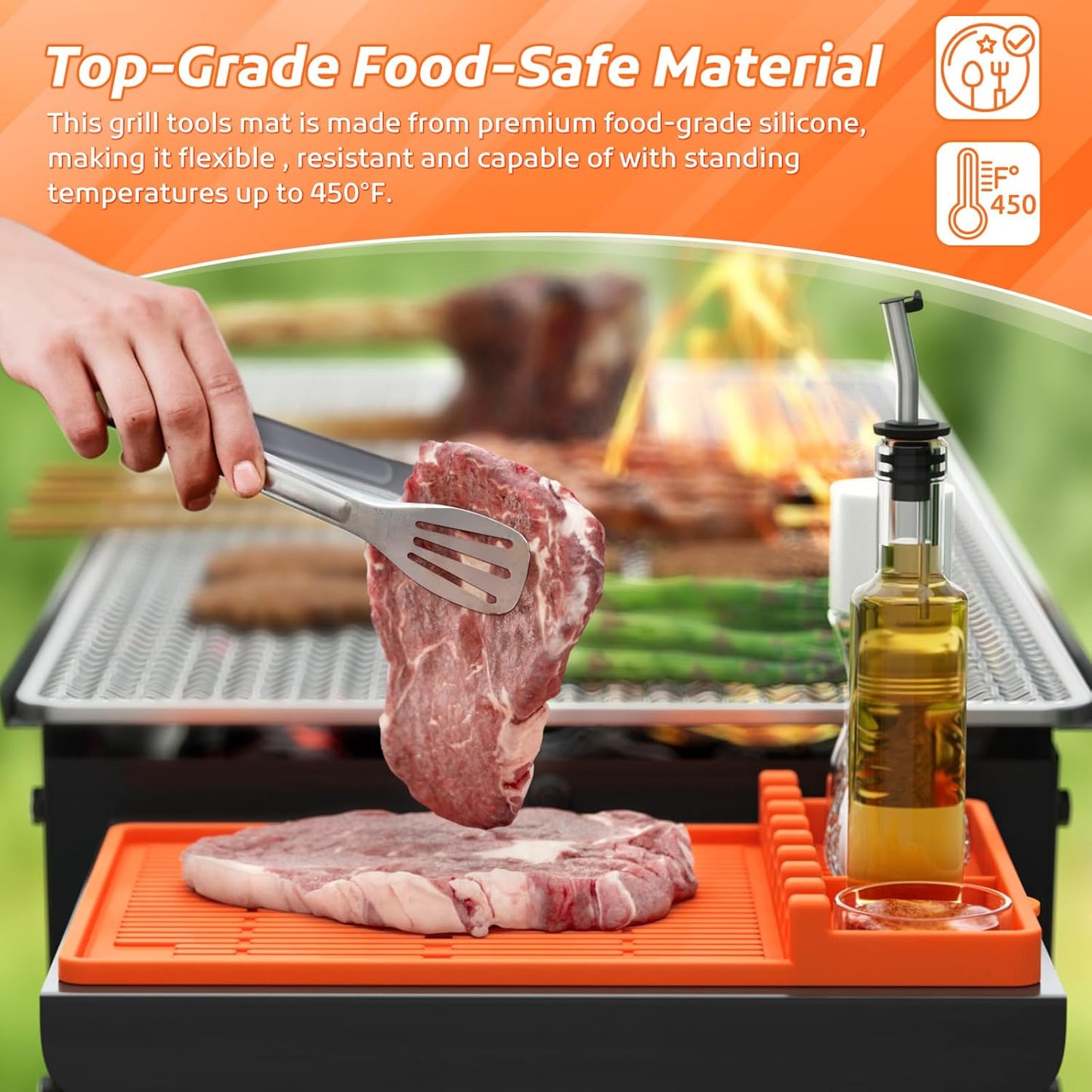 Silicone Griddle Mat with Seasoning Jar Holder and Side Shelf Pad for Outdoor Grilling Accessories, BBQ Tool Rest, and Kitchen Aid Attachments (Orange)