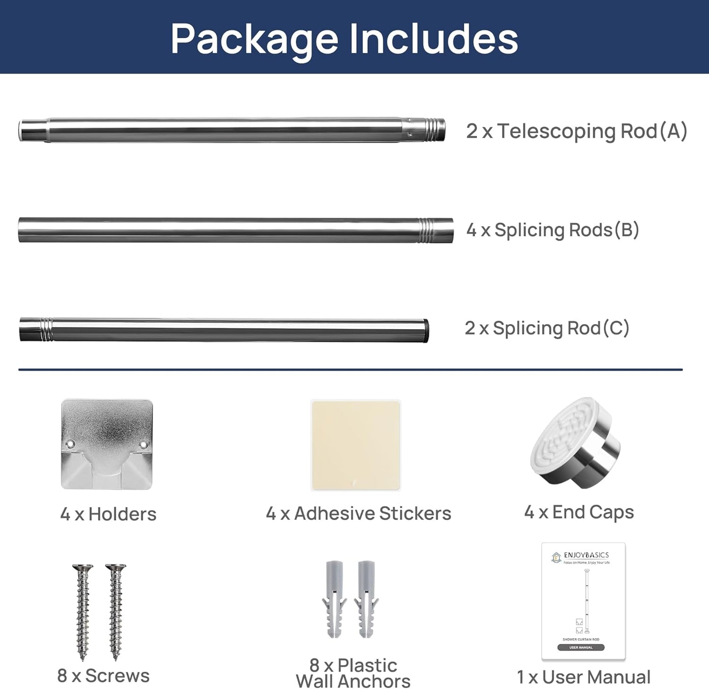 2 Pack Adjustable Spring Tension Curtain Rods 32 to 66 Inches, Stainless Steel Chrome Shower Rod No Drilling for Window, Bathroom, Closet, Room Divider, 7/8" Diameter