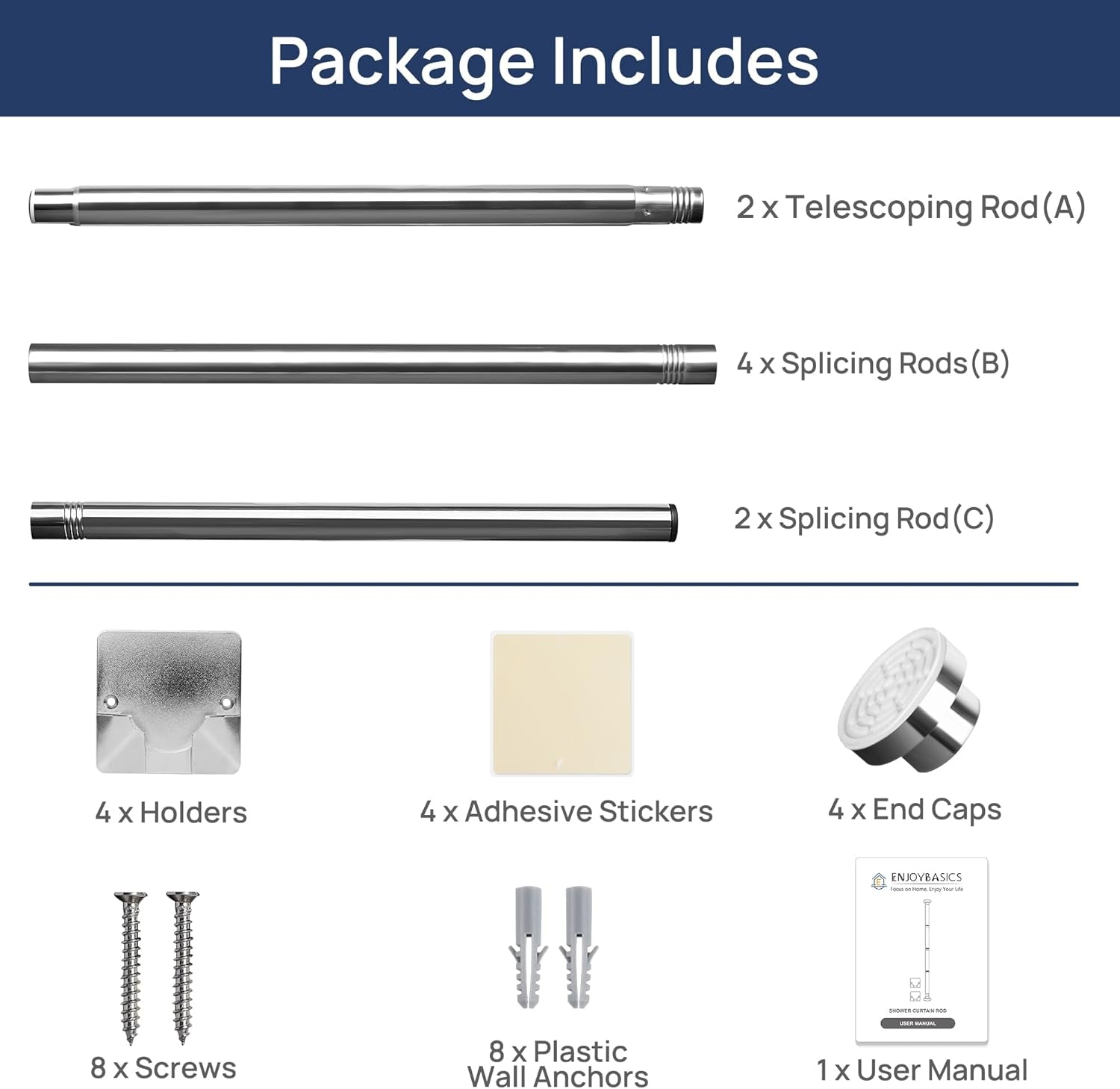 2 Pack Adjustable Spring Tension Curtain Rods 32 to 66 Inches, Stainless Steel Chrome Shower Rod No Drilling for Window, Bathroom, Closet, Room Divider, 7/8" Diameter