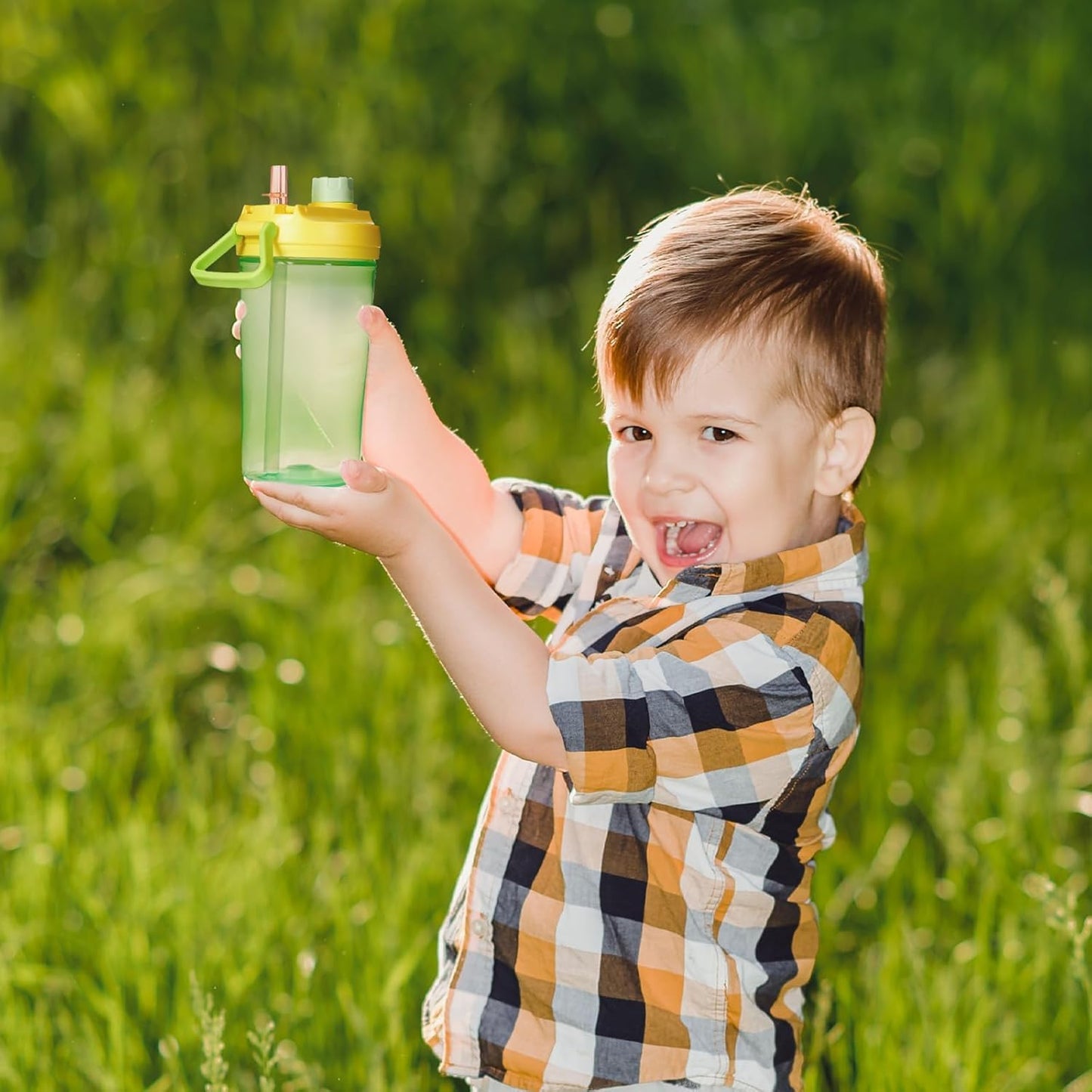 12Oz Kids Water Bottle with Straw Leak-Proof Toddler Water Bottle Plastic Water Bottles Bpa-Free Toddler Straw Cups with Handle for Travel Fitness School, GREEN