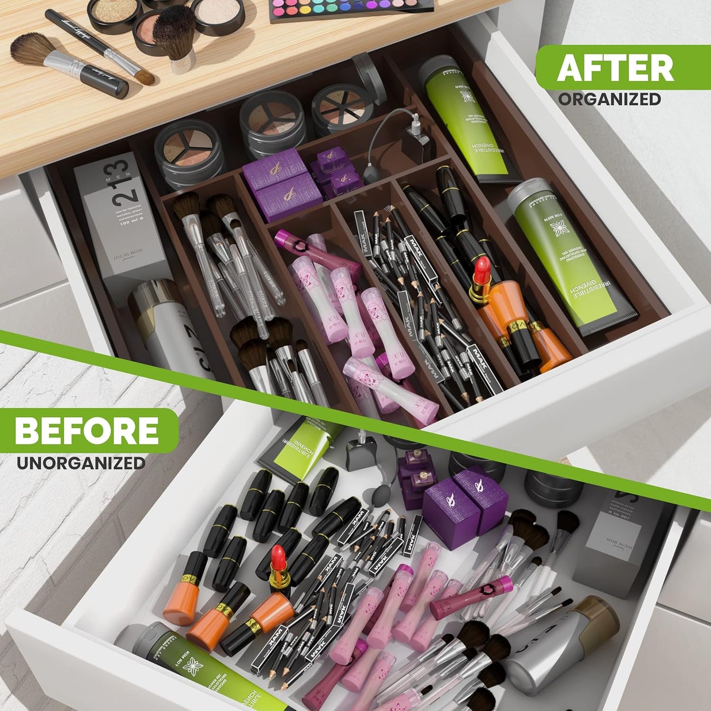 Expandable Drawer Organizer, Adjustable Kitchen Drawer Organizer, Bamboo Drawer Dividers Organizer for Kitchen, Silverware, Flatware, Living Room (Brown, 6-8 Compartment (1-Pack))