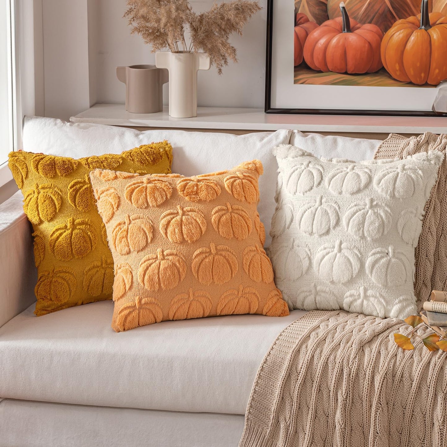 Fall Throw Pillow Covers 18X18 Set of 2 Autumn Decorations Beige Pumpkin Accent Pillowcase for Sofa Couch Porch Bed Living Room Soft Plush Faux Fur Halloween Farmhouse Home Decor