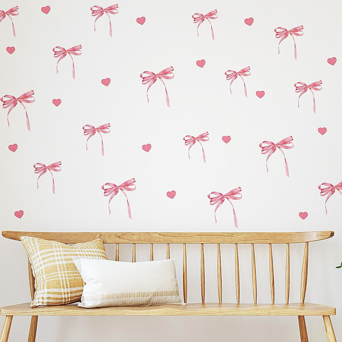 12 Sheets Bow Wall Stickers Peel and Stick Coquette Pink Bow Heart Decals for Room Nursery Boho Bedroom Dresser Playroom Living Room Windows Aesthetic Waterproof Wallpaper for Christmas Room Decor