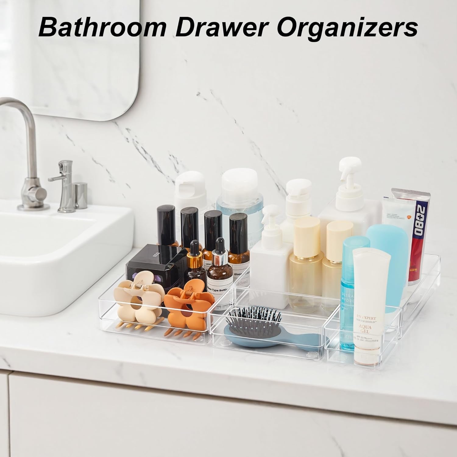 7-Piece Drawer Organizer with Non-Slip Silicone Pads, 4-Size Desk Drawer Organizer Trays Storage Tray for Makeup, Jewelries, Utensils in Bedroom Dresser, Office and Kitchen (Clear)