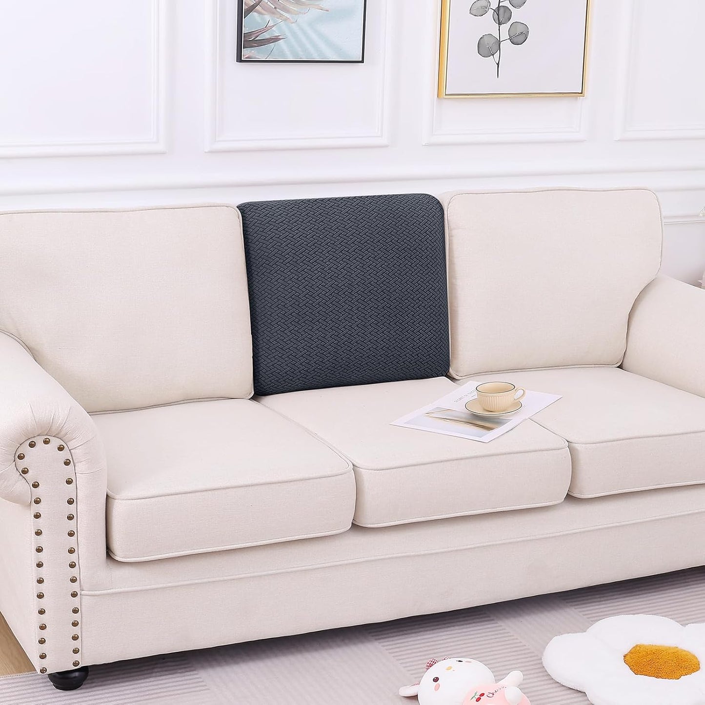 Waterproof Couch Cushion Covers, Stretch Jacquard Thick Sofa Cushion Covers, Washable Seat Slipcover Elastic Furniture Protector for Pets, Kid (Back Cover M, Dark Grey)