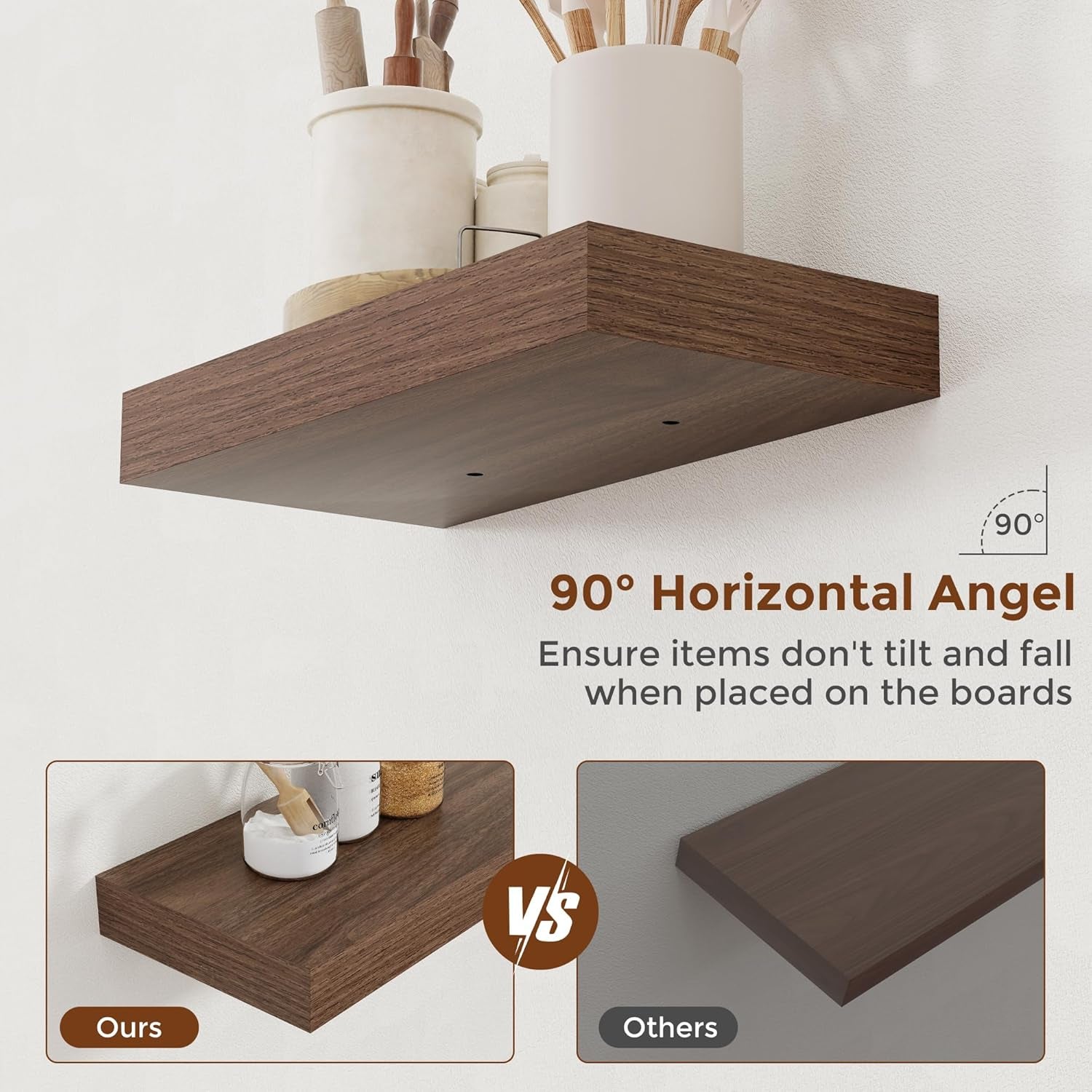 16 Inch Floating Shelves for Wall Walnut Shelves Set of 2,Wall Mounted Rustic Wood 8 Inch Deep Floating Shelf with Invisible Brackets for Bedroom Kitchen Living Room