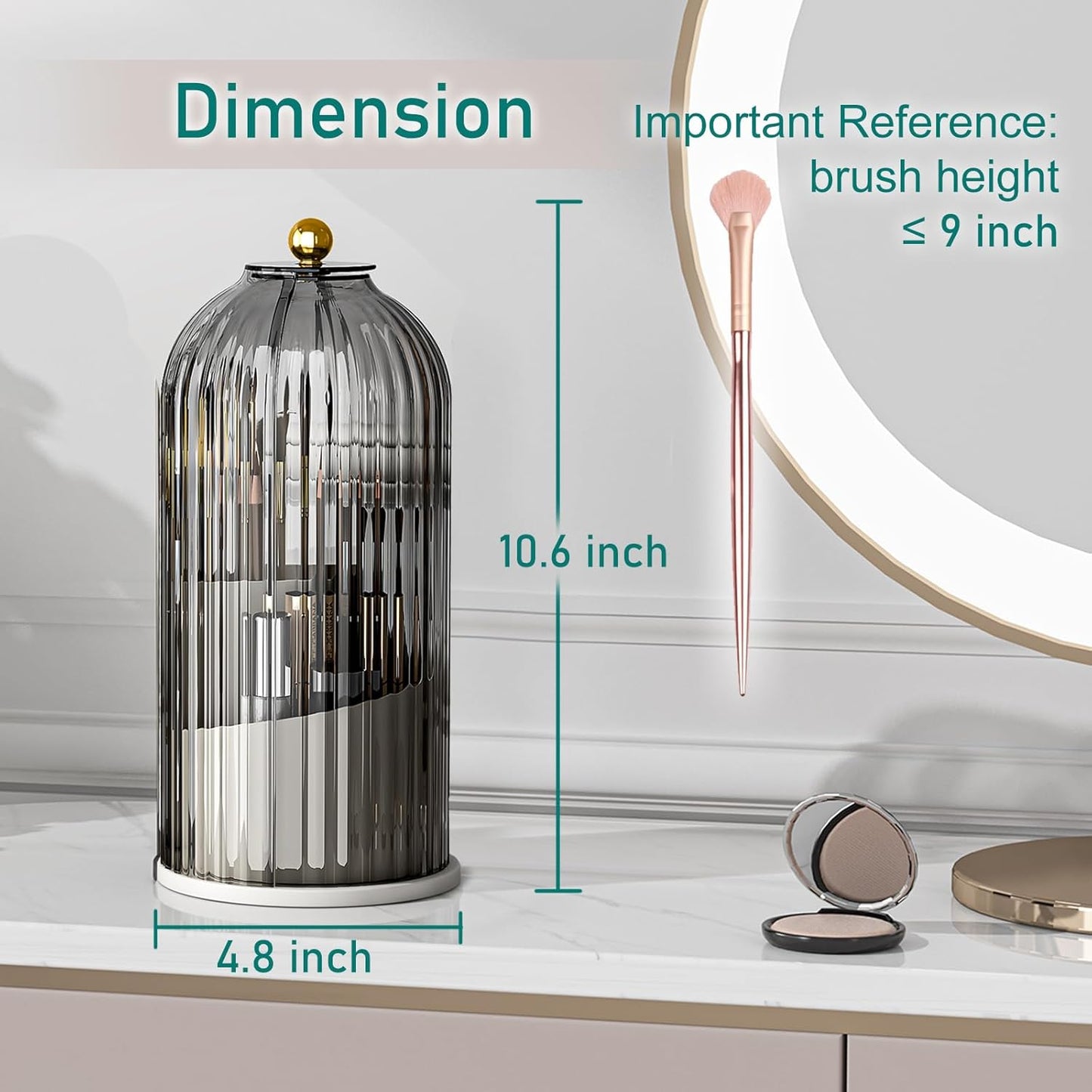 Makeup Brush Holder with Lid Cosmetic Tools Organizer 360 Rotating Waterproof Dustproof Makeup Brushes Storage for Vanity, Grey