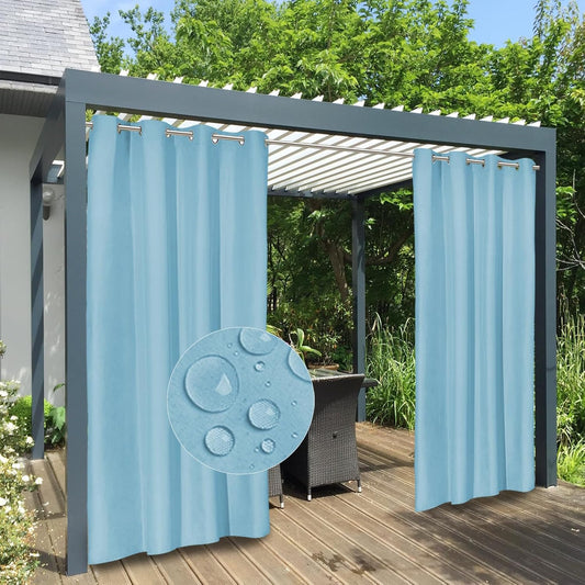 100% Waterproof Outdoor Curtains Windproof Weatherproof Porch Curtains, Premium Thick Outdoor Privacy Grommet Top Panels for Patio, Gazebo and Pergola, 2 Panels, 54X120 Inch, Light Blue