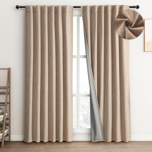 Premium 100% Blackout Heavy Linen Curtains - 52" W x 84" L, Set of 2 Thermal Insulated Textured Drapes for Bedroom and Living Room, Versatile Hanging Options: Hook Belt, Back Tab, Rod Pocket