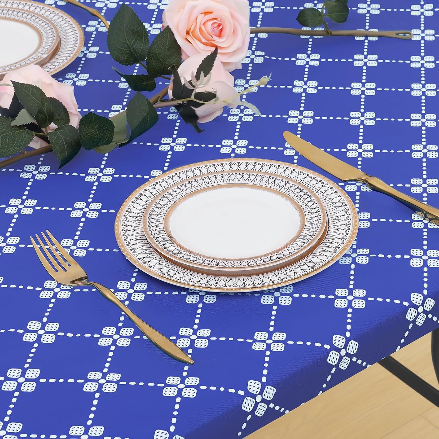 Rectangle Vinyl Table Cloth, Elastic Fitted Tablecloth with Flannel Backing, Waterproof Plastic Table Cover Fits 6 Foot Folding Tables for Camping, Indoor and Outdoor (Blue, 30" X 72")