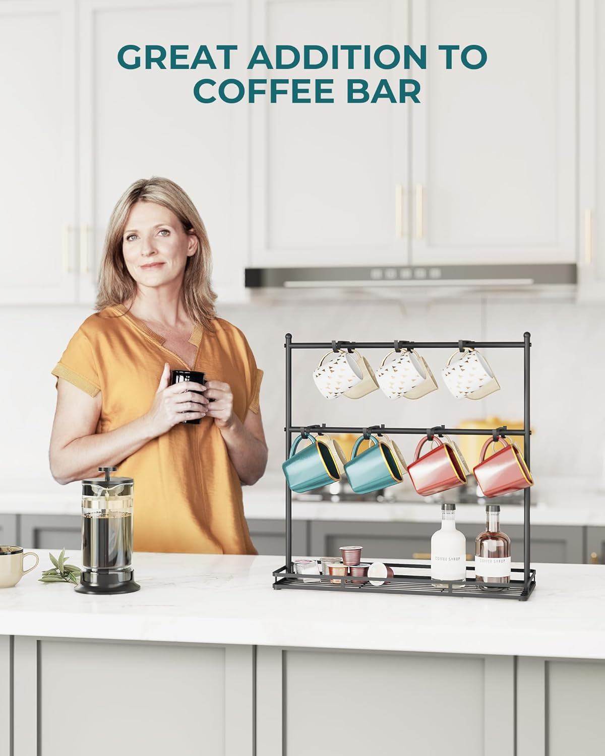 Coffee Mug Holder for Countertop, 14-Hook Mug Tree Rack for 14 Cups, 2 Tier Mug Display Stand with Heavy Duty Metal Base