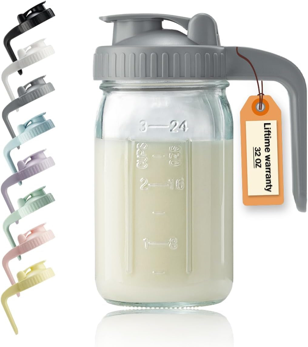 32Oz Glass Pitcher with Lid & V-Shaped Pour Spout - 1 Quart Breastmilk Pitcher Double Leak Proof, Creamer Container for Sun Tea, Juice, Cold Brew Coffee, Breastmilk Storage Container