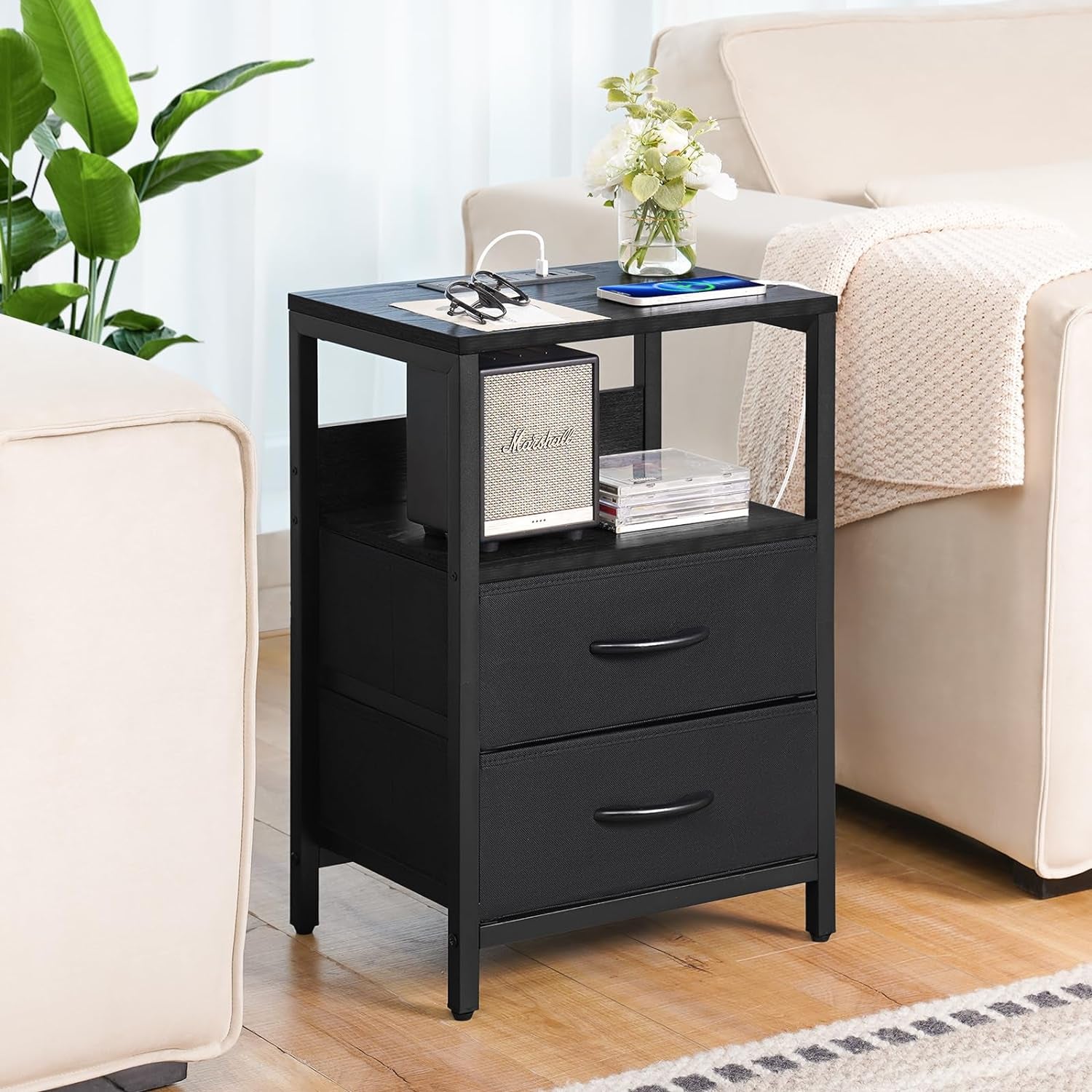 Nightstand with Charging Station, Small Night Stand with Fabric Drawers and Storage Shelf for Bedrooms, Nightstands for Small Spaces, Bedside Table with USB Ports & Outlets Bed Side Table