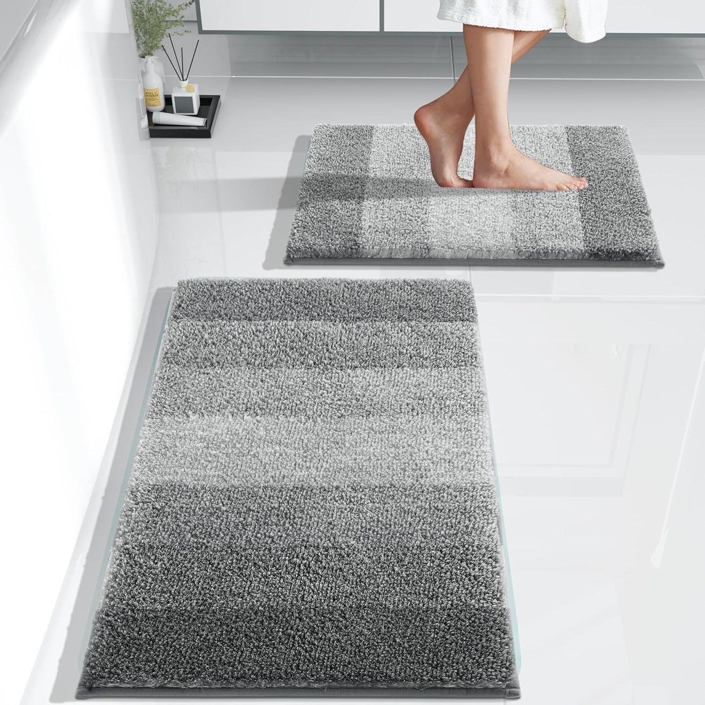 Luxury Bathroom Rugs Sets 2 Piece, Fluffy Soft Comfortable Absorbent Microfiber Bath Mat Set, Extra Plush Thick Non Slip Shaggy Shower Rug, Machine Wash, 32X20+24X17 Inch, Light Gray