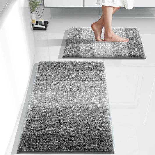Luxury Bathroom Rugs Sets 2 Piece, Fluffy Soft Comfortable Absorbent Microfiber Bath Mat Set, Extra Plush Thick Non Slip Shaggy Shower Rug, Machine Wash, 32X20+24X17 Inch, Light Gray