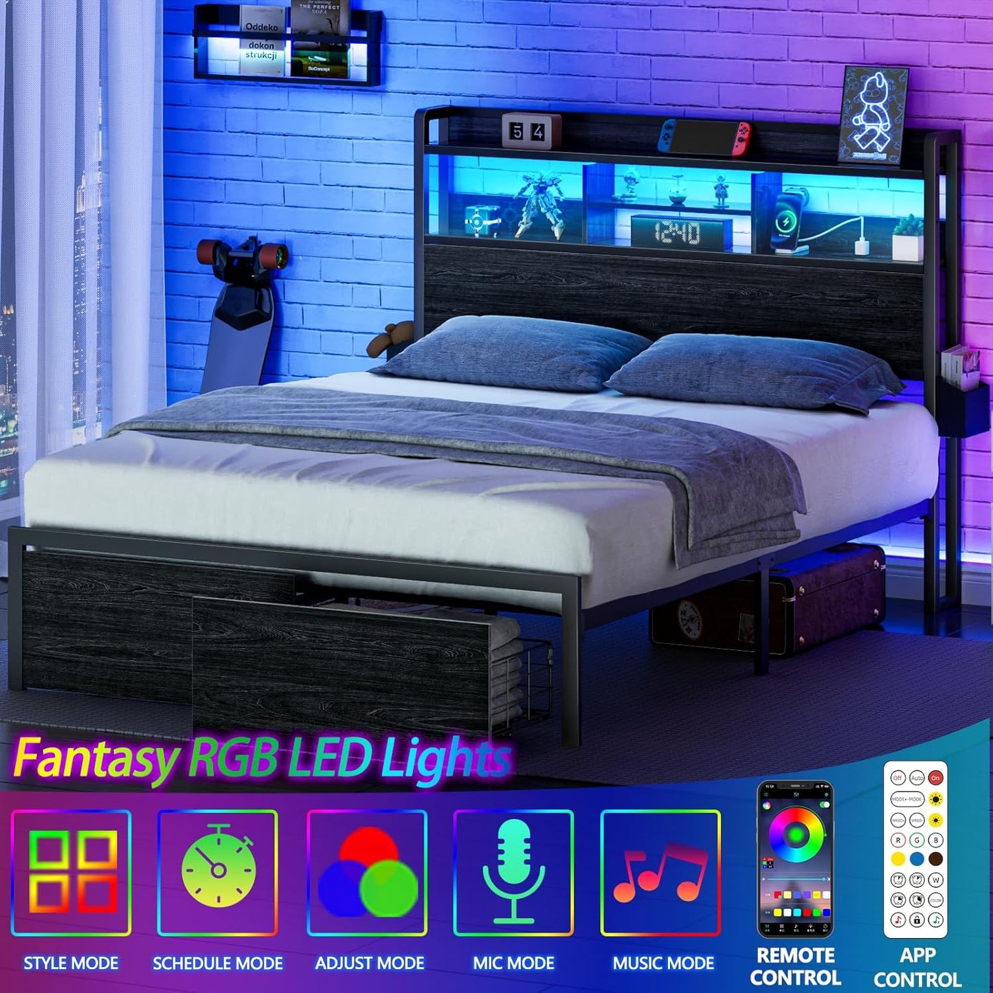 Full Size Metal Platform Bed Frame with Wooden Headboard, Integrated Storage Drawers, Shelf, LED Lighting, Charging Station, No Box Spring Required, Noise-Free, Black