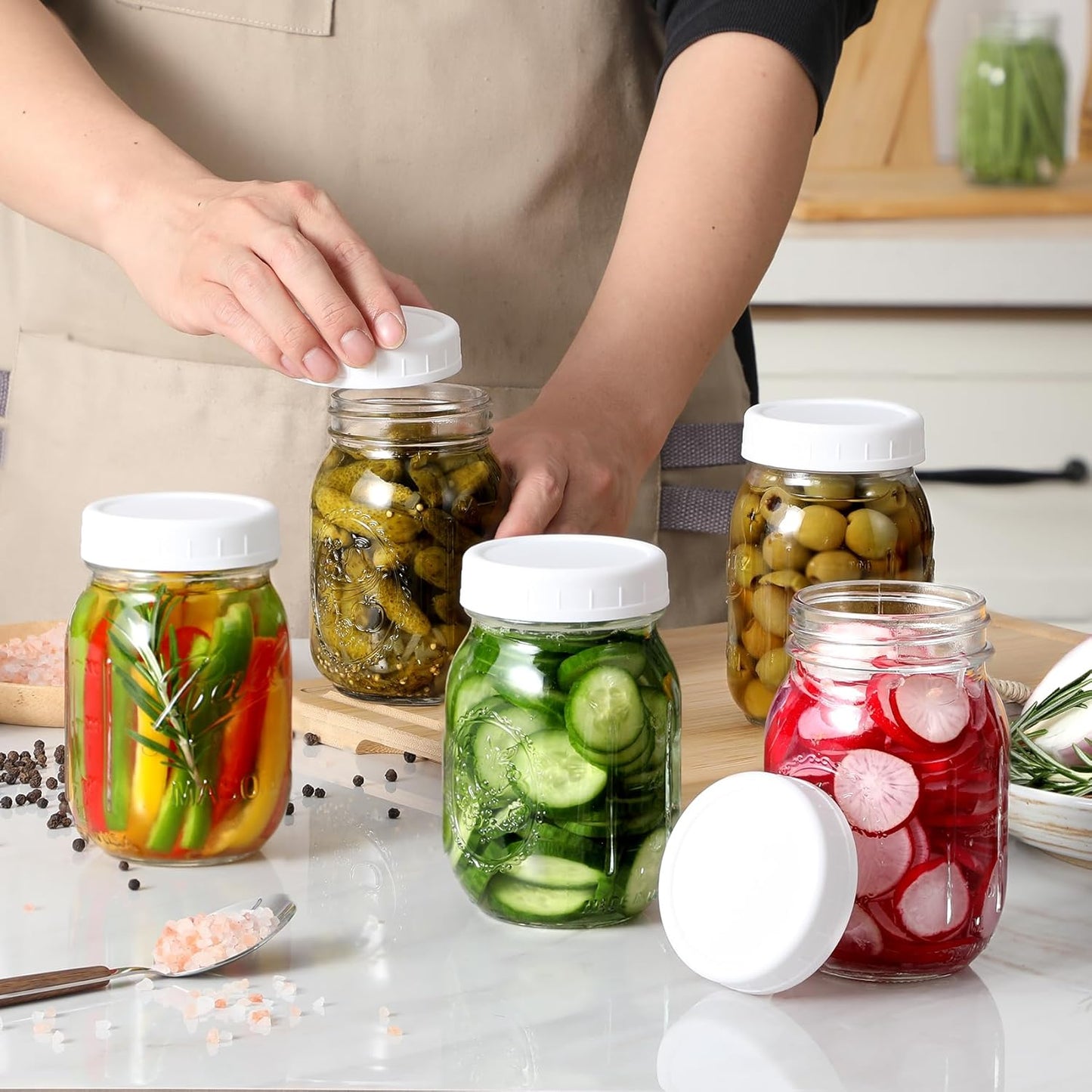 12 Pack REGULAR MOUTH Mason Jar Lids for Compatible with Ball, Kerr Regualr Mouth Jars - Plastic Storage Caps for Mason Jars, Canning Jars - Leakproof, Dishwasher Safe & Food Grade - White