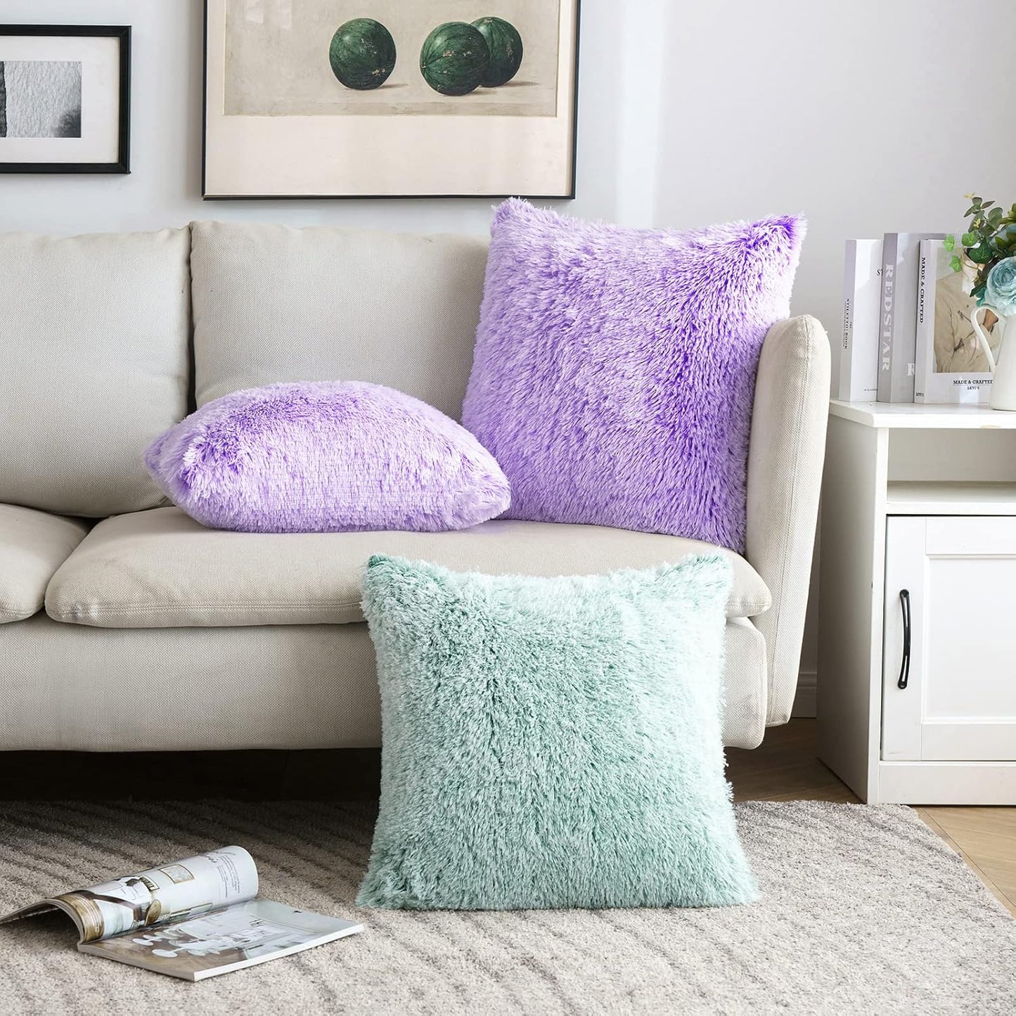 Pack of 2 Ultra Soft Fluffy Throw Pillow Covers Decorative Plush Shaggy Double-Sided Faux Fur Winter Pillow Cases Cushions Covers for Cute Sofa Bedroom Ca 18X18 Inch Purple Ombre