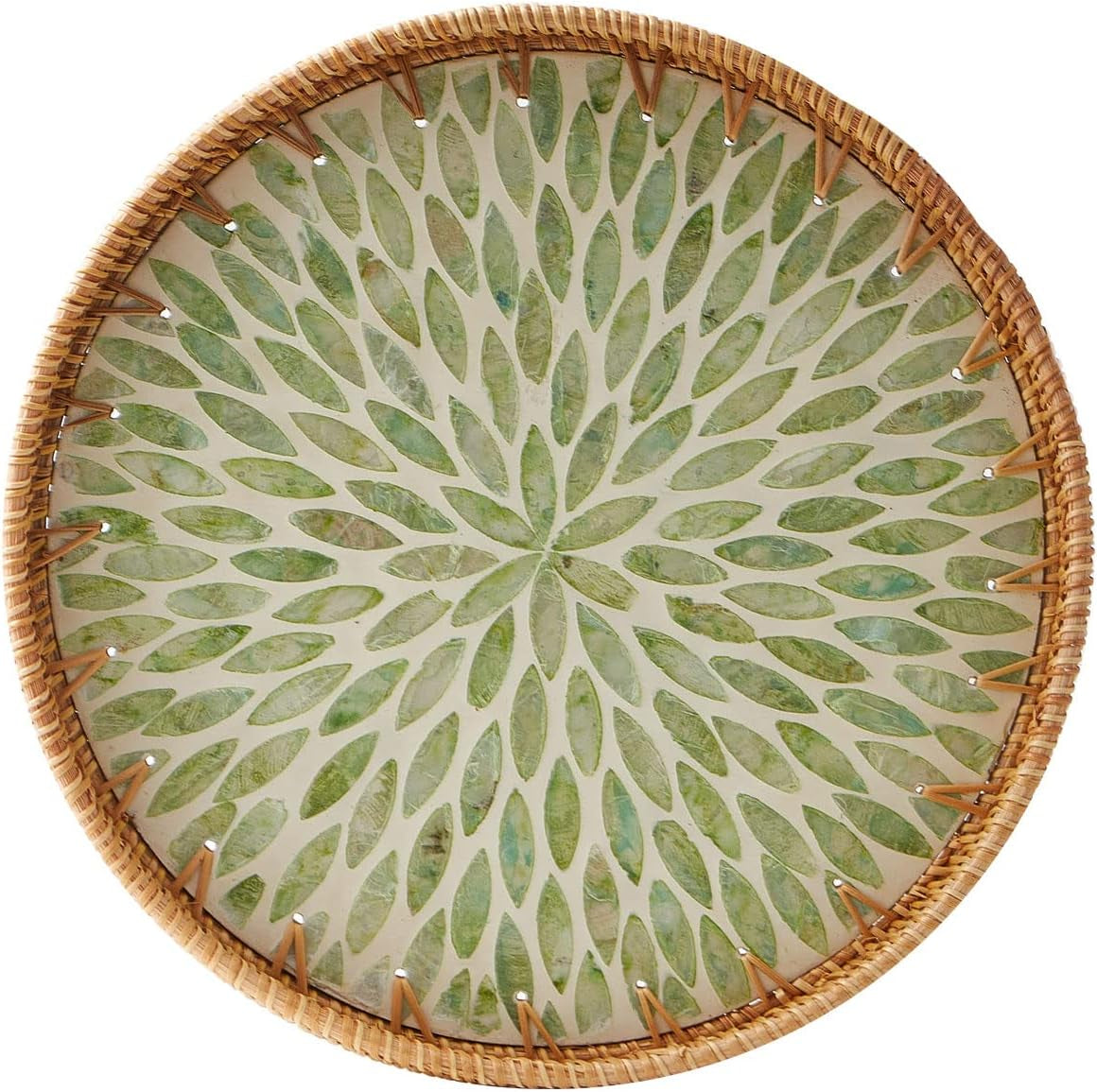 Round Rattan Tray with Mother of Pearl Inlay, Rattan Serving Tray with Wooden Base, Decorative Wicker Basket for Table Decor, Storage and Display of Coffee Bread Food Fruit (Leaf)