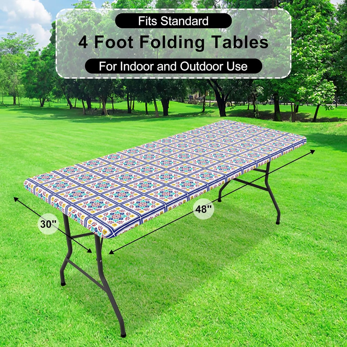 Rectangle Vinyl Tablecloth, Fitted Table Cover, 100% Waterproof, Elastic Edge, Flannel Backing, Table Cloth Fit 4 Foot Folding Tables for Picnic, Outdoor (Geometric Flower, 30X48 Inch)