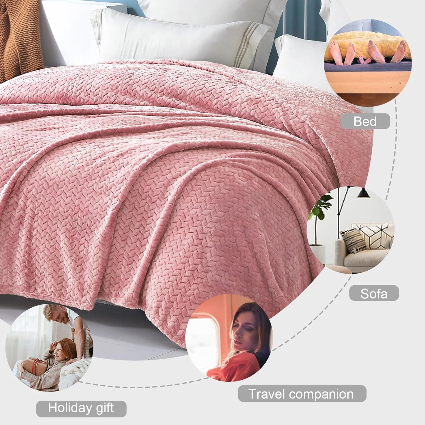 Pink Fleece Throw Blanket - 50x70 Inches Soft Jacquard Flannel, Lightweight Plush Warmth for Couch and Bed, Ideal for All Seasons
