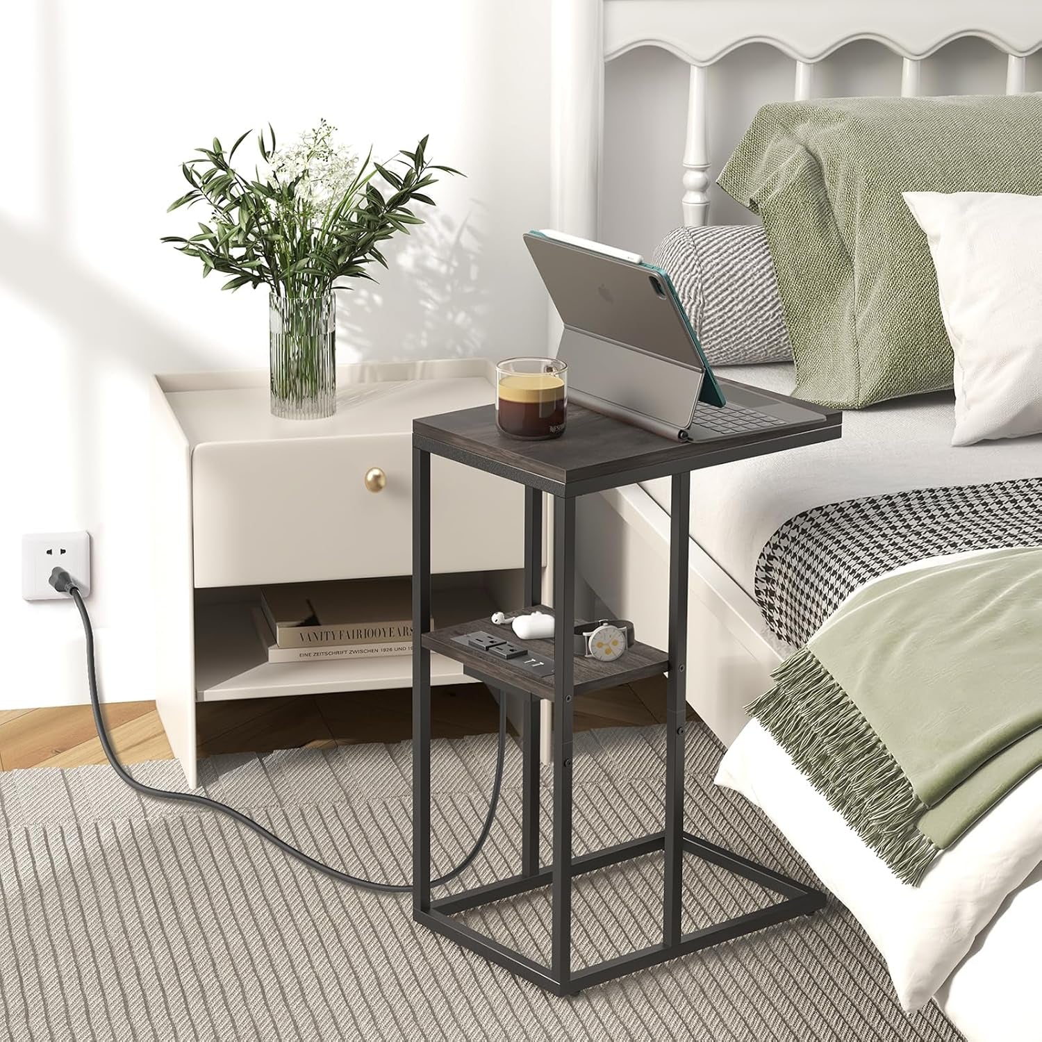C Shaped End Table with Charging Station for Living Room, Bedroom, Sofa Table with USB Ports and Outlets for Small Spaces, C Couch Rustic Snack Bed Table, Charcoal Gray