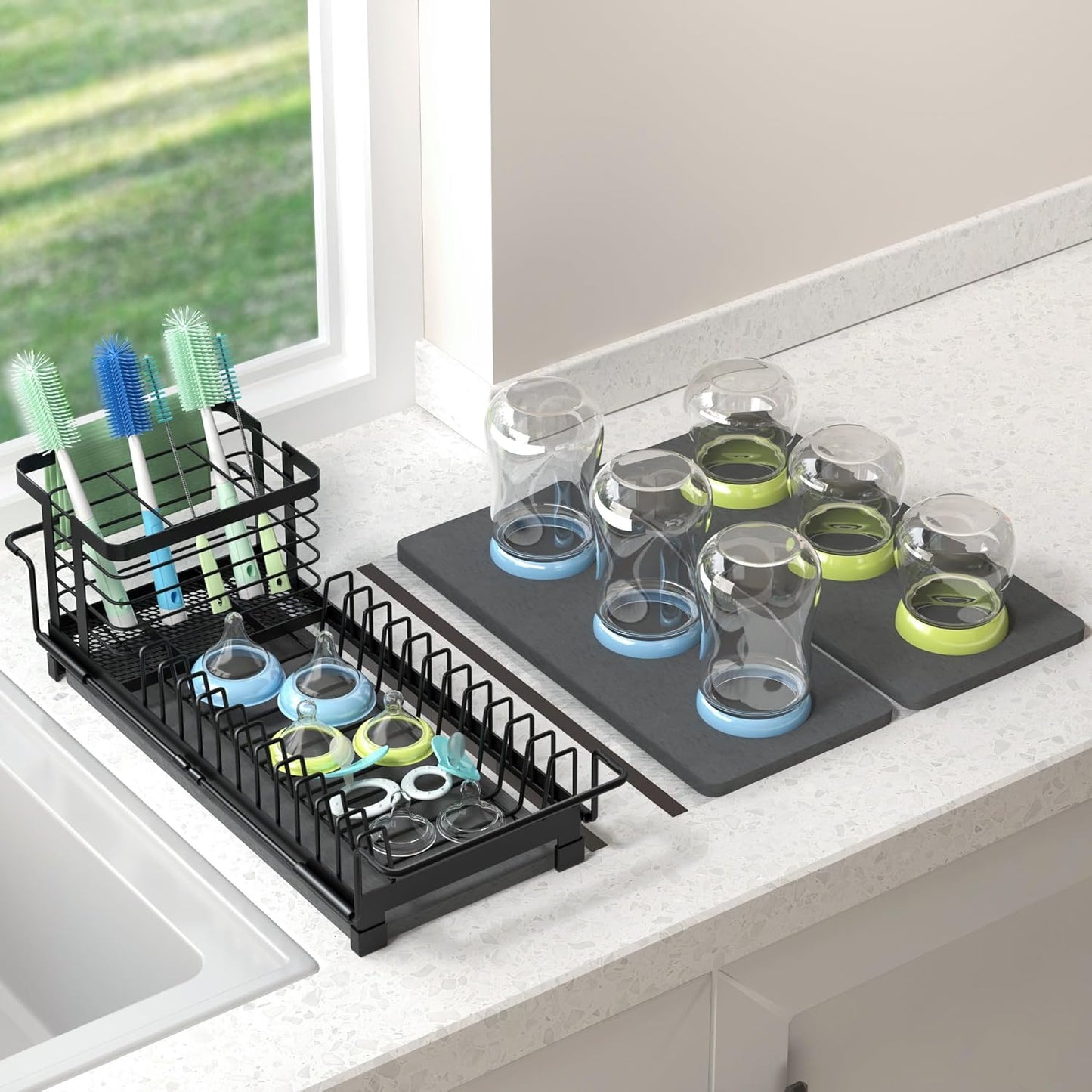 Expandable Small Dish Drying Rack with Diatomite Mat and Utensil Holder for Kitchen Sink, 5.4”W x 12.1”-18.9”L