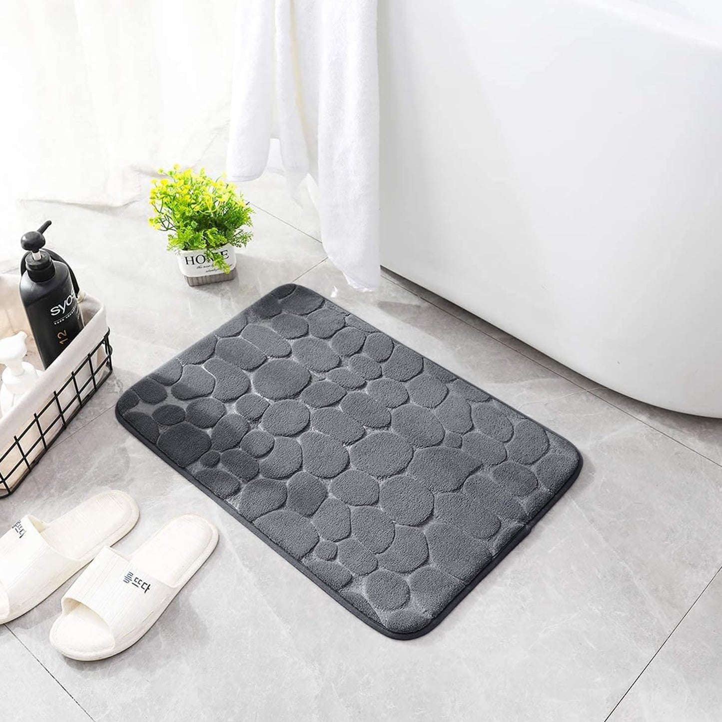 Memory Foam Non-Slip Bathroom Mat, Absorbent Cobblestone Rug, Quick-Dry Washable Floor Mat (17x24, Dark Gray)