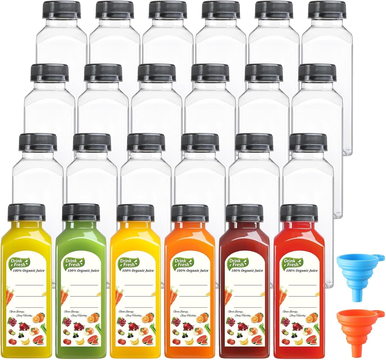 12 Pack, 12 OZ Reusable Plastic Juice Bottles with Caps, plus 12 Labels & 2 Silicone Funnels - Clear Juicing Bottles for Juice, Smoothies, Ginger, Tea, Coffee - Food Grade & Leakproof Travel Bottles